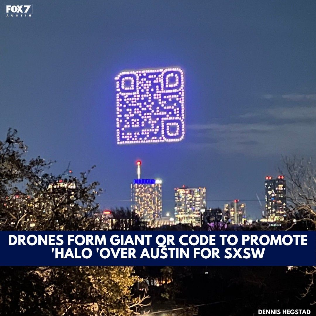 fox7austin's tweet photo. A swarm of drones amassed in the skies over downtown #Austin this weekend. The 400 drones were suspended over the city during #SXSW to form a giant QR code.

DETAILS: https://t.co/Q07MBLOTWT https://t.co/uuyCuZy4bk