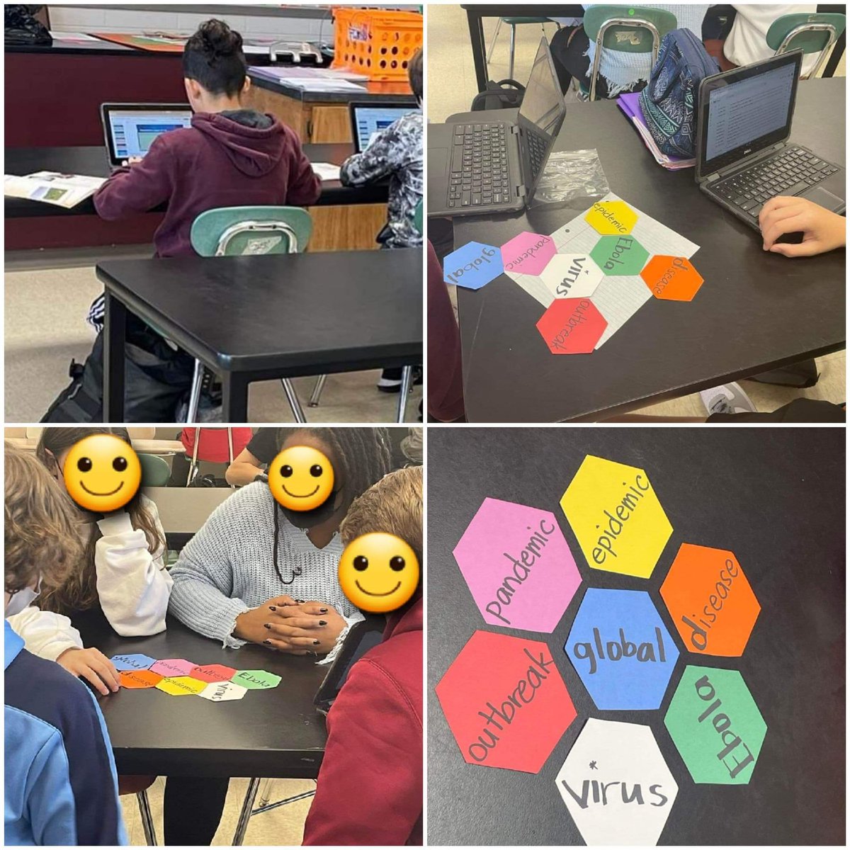 #Wows for these 8th graders! 
#ReadingForInformation with their small book “Outbreak” and collaboration #vocabulary #LiteracyInScience #MakingConnections #HexagonalThinking 😍
#TheWildcatWay #Unit6