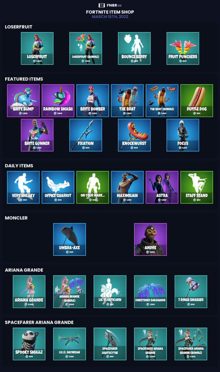 LeaksNewsShop's tweet photo. #Fortnite Item Shop for March 15th 2022 https://t.co/rqim3w6BEV
