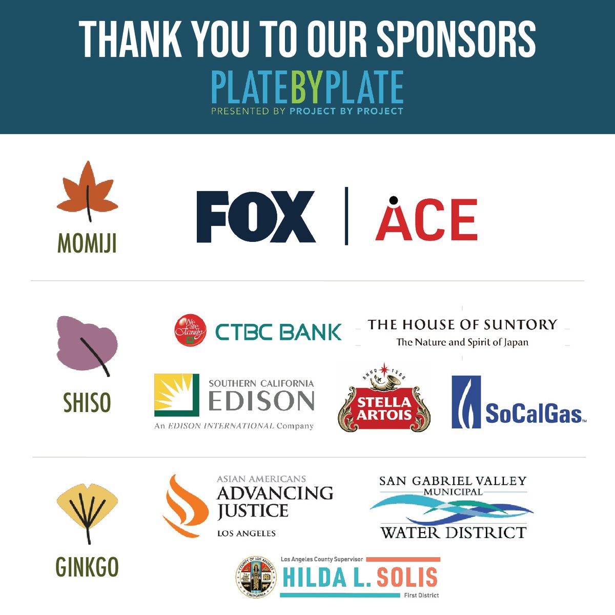 Plate by Plate 2022 would not be possible without our incredible sponsors and the dedications from our <a href="/pbpla/">Project by Project LA</a> members! 🙏 

Special THANK YOU to all of our 🍁Momiji, 🍀 Shiso, and 🍂 Ginkgo sponsors!

#PbPLA #PbP #PlateByPlate