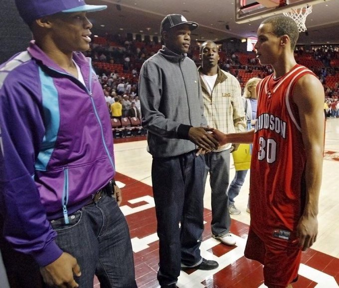 Kevin Durant and Russell Westbrook watching Steph Curry play in college, 2009