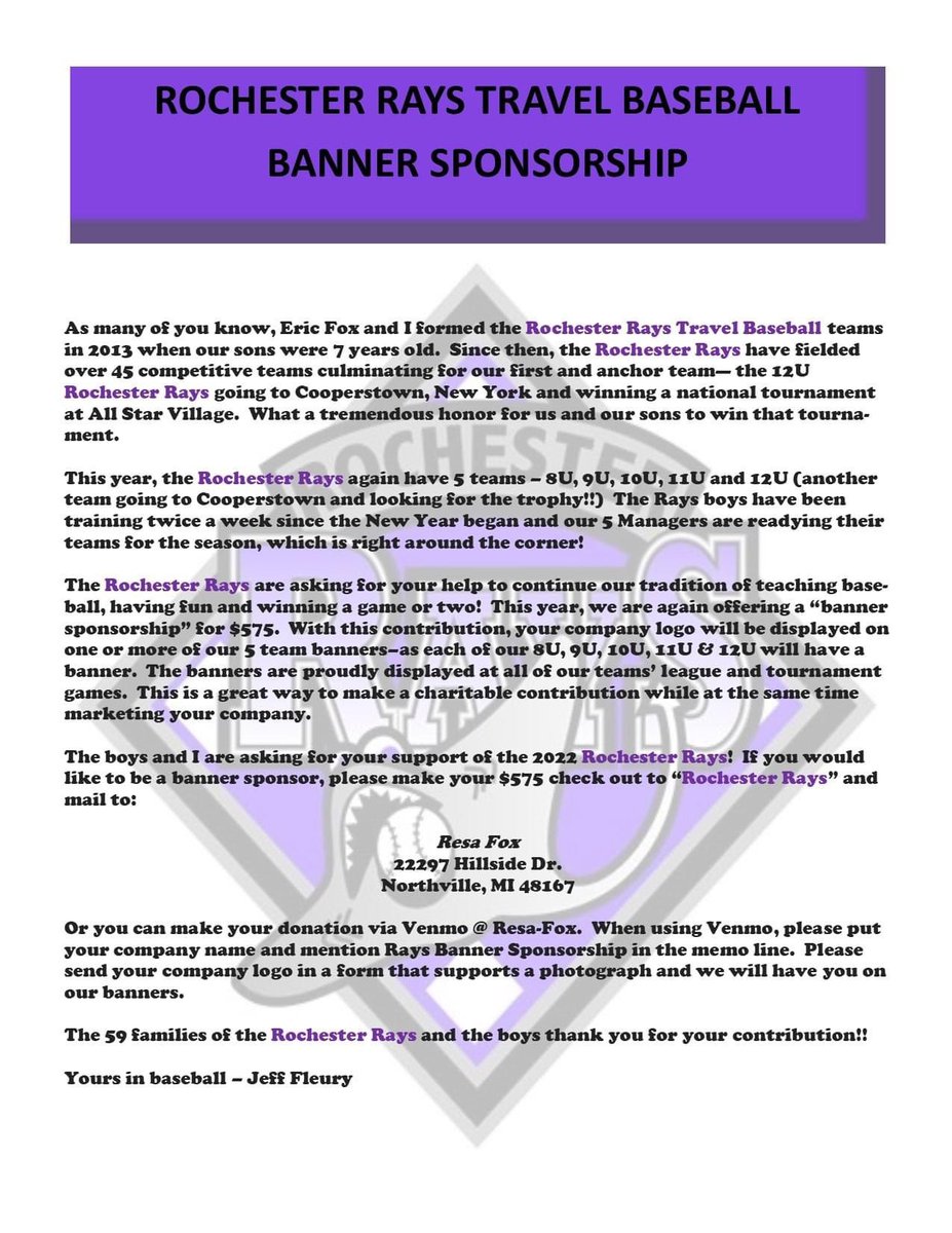 rays_travel's tweet photo. The Rochester Rays 8u-12u teams are looking for a few more banner sponsors for the 2022 season.  Please reach out to help these young men. https://t.co/tjrGwWUTzW
