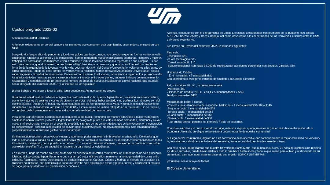 jesusmedinae's tweet photo. Me dicen algunos estudiantes de la universidad Santa María que les subieron el semestre a más $400 yo me imagino que los pupitres tienen por lo menos cojines y los profesores nunca faltarán además con derecho a la alimentación no? https://t.co/WUCJkn3ewB