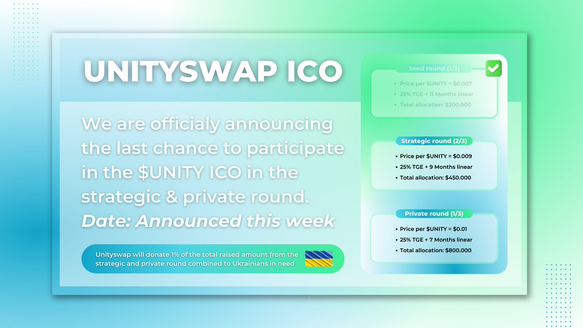 charitablezz's tweet photo. 🚨 Strategic &amp; Private round Announcement 🚨

This is the last chance to participate in the $UNITY ICO.

We will donate 1% of the raised amount to Ukrainians that are suffering trough to war 🌎🇺🇦

◽️ Date: Announced this week
◽️ Where: https://t.co/ybaWbgdN7Q

Team Unityswap❤️ https://t.co/roxreauixn