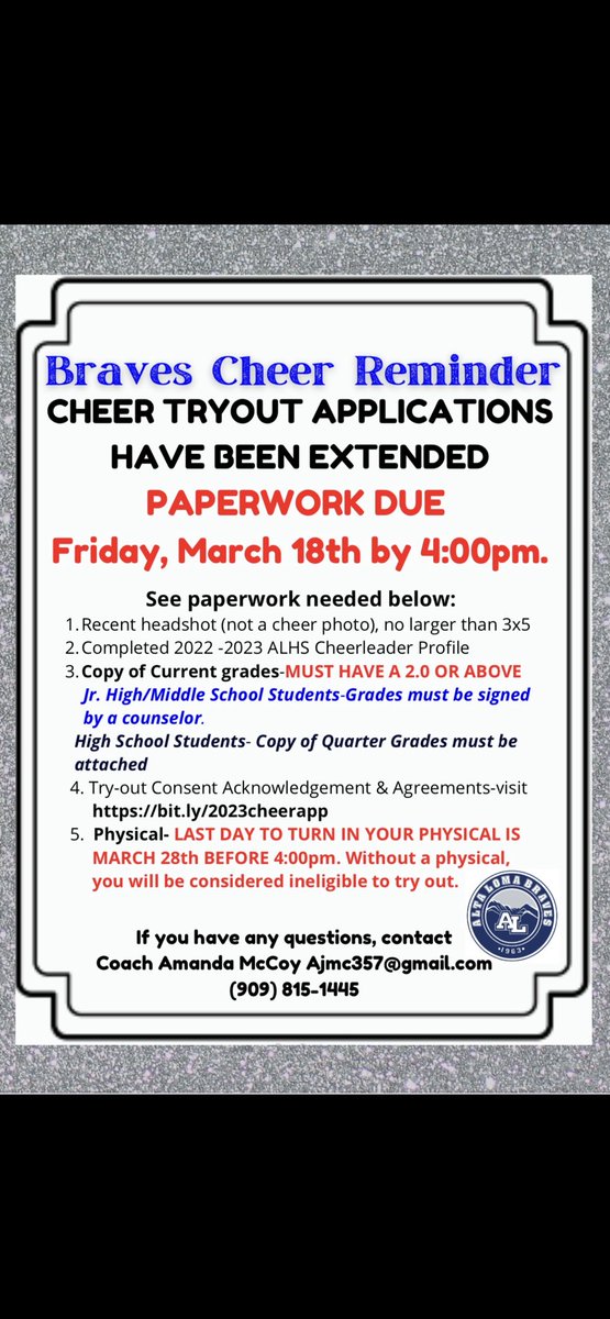 BRAVE CHEER APPLICATIONS HAVE BEEN EXTENDED TO FRIDAY, MARCH 18th! Get paperwork turned in! Last day to turn in physical is March 28th before 4:00 pm. Without a physical, you will be considered ineligible to try out. 📣💙 <a href="/AltaLomaHigh/">Principal</a> <a href="/AdamStites1/">Adam Stites, Ed.D.</a> <a href="/braveskiles/">Elizabeth Skiles</a> @MsAndersonALHS