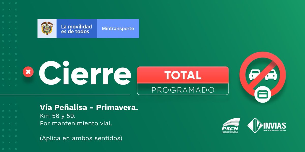 ¡Buenas noches!

#NovedadVial Departamento de #Antioquia presenta cierre total programado. 

Aplica de lunes a viernes de 9:00 a 11:00 y de 14:00 a 16:00 horas, hasta el 14 de julio de 2022.

Excluye los días 8, 11, 12 y 13 de abril de 2022.

Trabajamos para mantenerte informado.