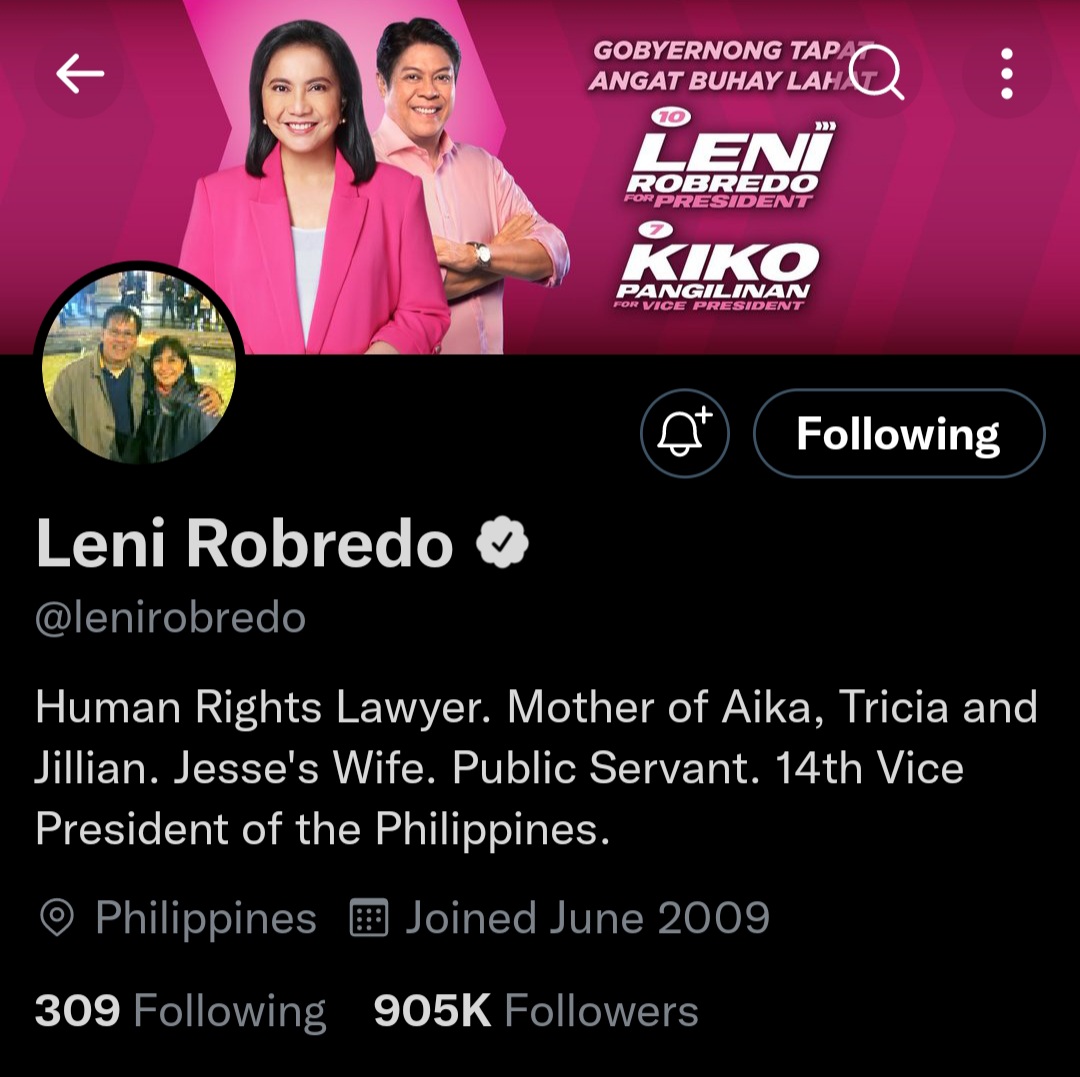 Hello, kakampinks. Can we help promote VP <a href="/lenirobredo/">Leni Robredo</a>'s Twitter account? We only need 95K to reach 1M followers. Let's do it within 1 week. Please RT this and let's do a follow spree to those who have followed her. Pls like this tweet so that I could keep track.
#GenSanIsPINK