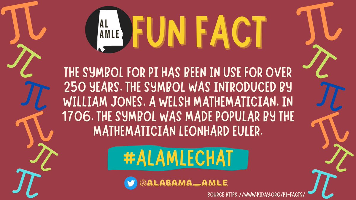 alabama_amle's tweet image. You thought that you were just going to be answering questions, didn’t you? NOPE!

#ALAMLE will be sharing #NationalPiDay fun facts the duration of the #ALAMLEchat! Feel free to add more as we go along! 

Questions are BLUE
Fun Facts are RED 

Source: piday.org