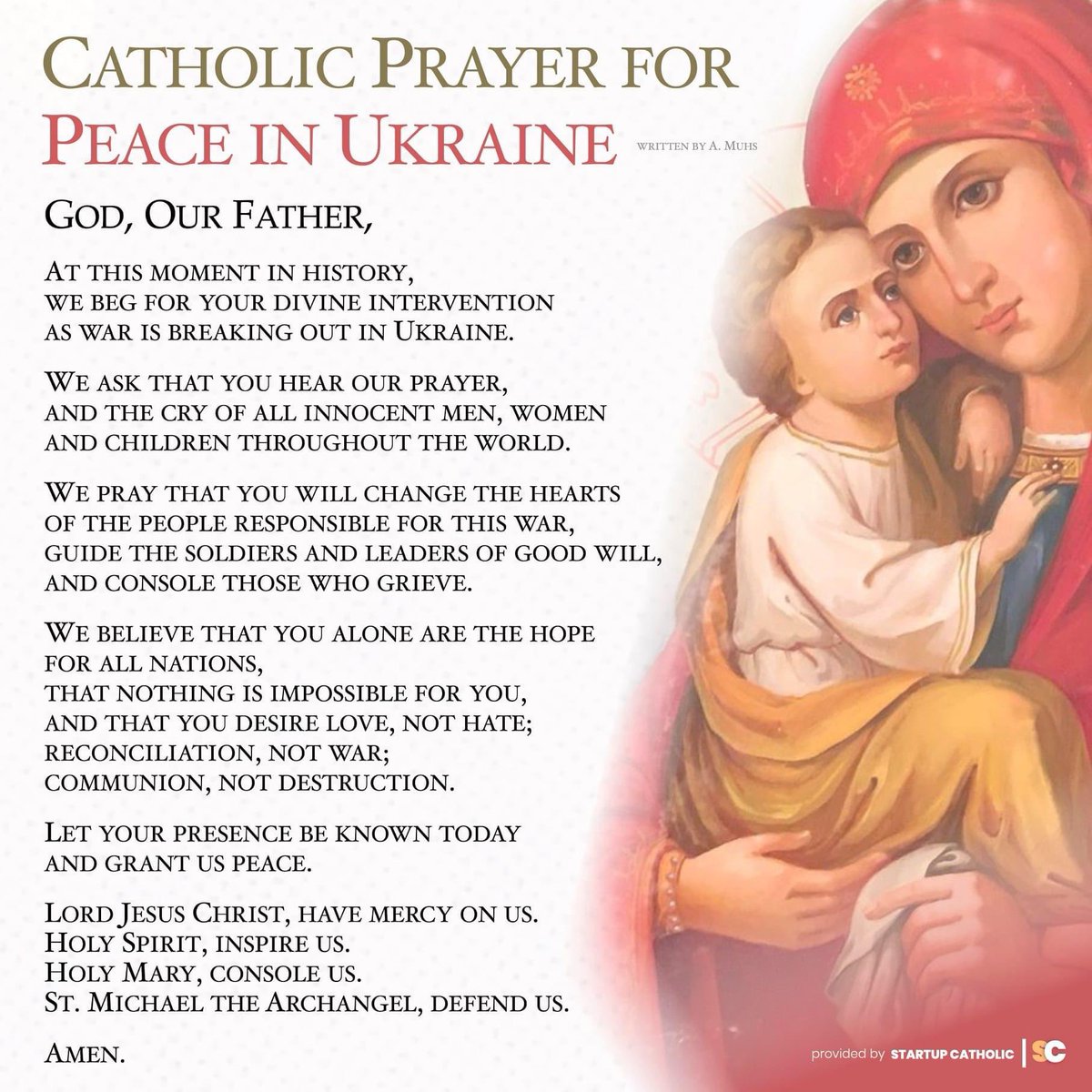 startcatholic's tweet photo. The Catholic Prayer for Peace in Ukraine 
with the Icon of Our Lady of Pochayiv

The Theotokos of Pochayiv acquired a reputation as a miracle-working icon.

#catholictwitter https://t.co/uehbCRPC8A