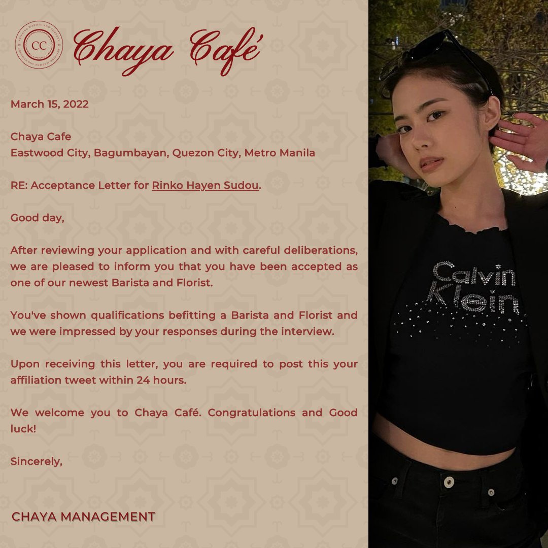 ㅤ

      rinko hayen sudou.
 AFFILIATED WITH CHAYA CAFE
    #ComfortinChaya
    #BidaAngChaya

ㅤ