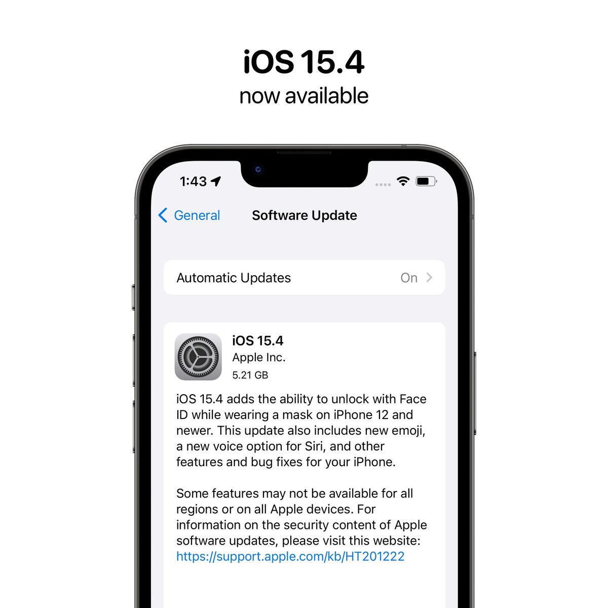 Apple has released iOS 15.4 featuring support for Face ID while wearing a mask (iPhone 12 and newer), new emoji, and more. The update is available now for all supported devices 

#iOS154 #iOS15 #IOS2022 #ios15_4 #IosUpdate #Apple