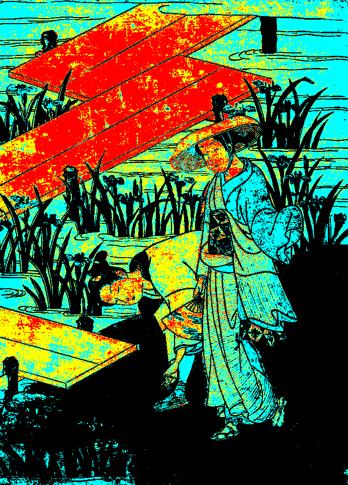 paintergoblin's tweet photo. Parody of The Tales of Ise (Yatsuhashi Bridge chapter), Suzuki Harunobu, @TNM_PR https://t.co/NoSln0kdVz #wikidata #digitalart #woodcutprint (Palette: #TeletextRedYellowBlue) 🖌🎨 https://t.co/NXvvkyTZXD