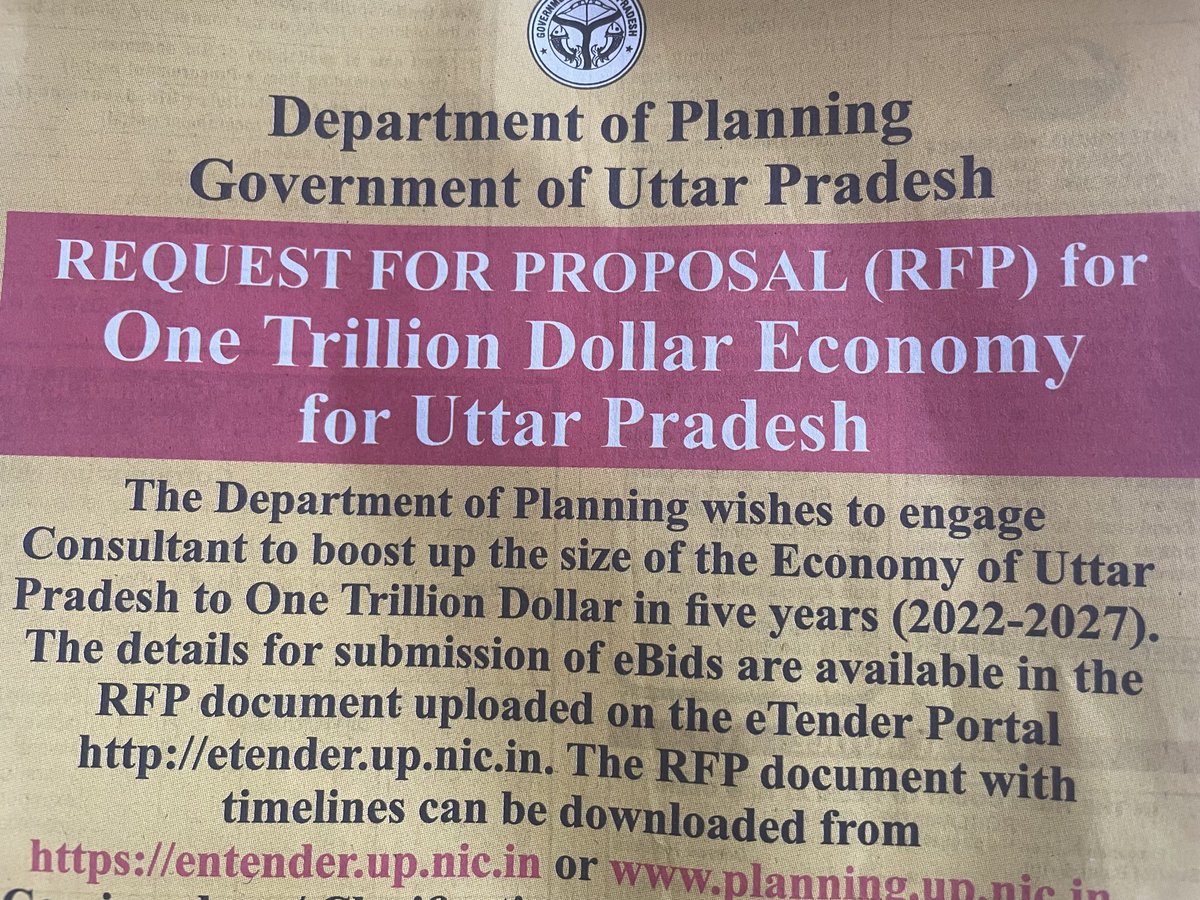 radhikabordia's tweet photo. UP govt is looking for a consultant to “boost up the size of the economy of Uttar Pradesh to One Trillion Dollars in five years” !

What? https://t.co/HpuKaahW0i