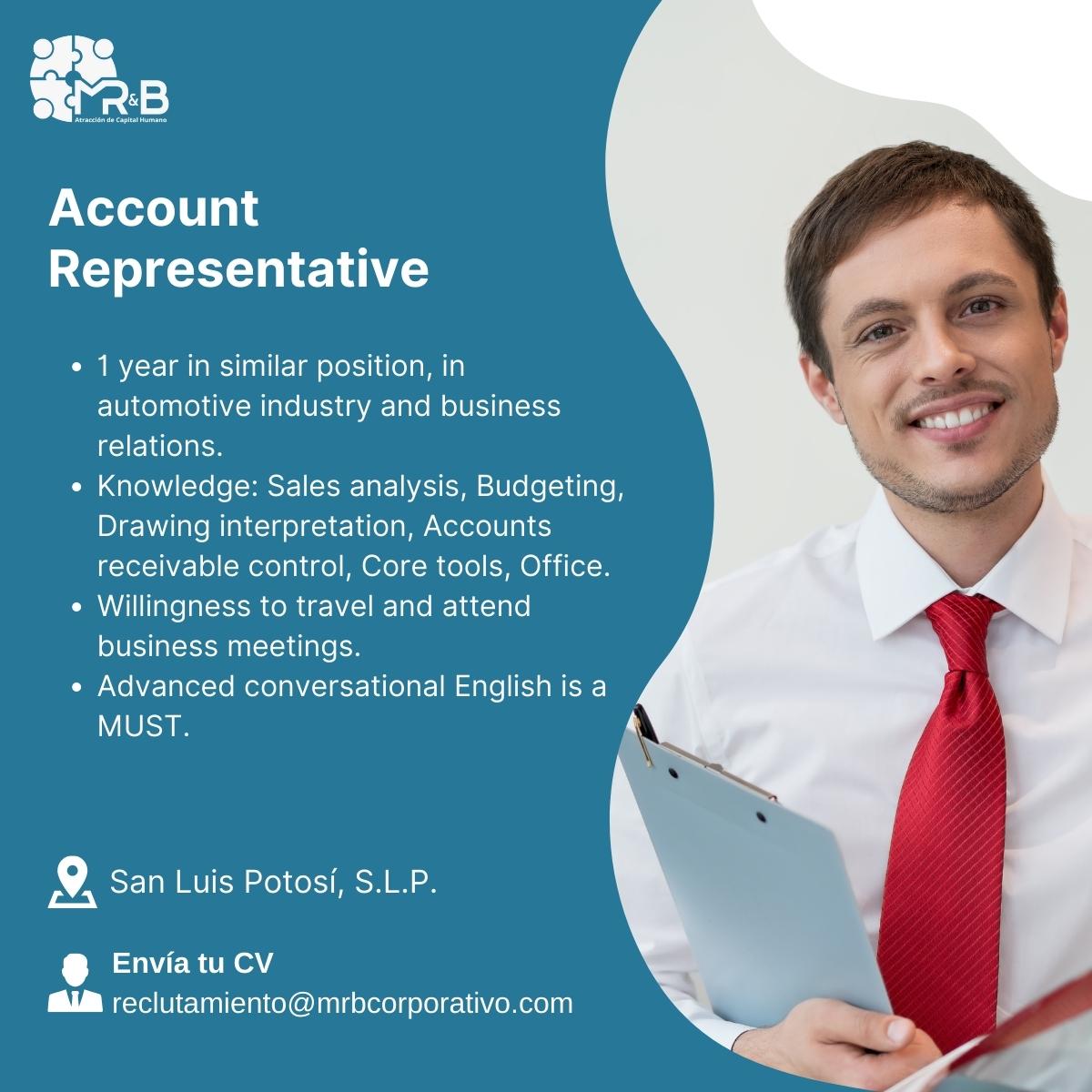 MRBAtraccion's tweet photo. MR&amp;B requests an Account Representative for Automotive Industry in #SanLuisPotosí.
Send us your #CV to reclutamiento@mrbcorporativo.com
#vacantes #empleo #MRB #Reclutamientoyseleccion #Reclutamiento #Headhunting #talento #interviewjob #hiring #recursoshumanos #capitalhumano https://t.co/XF8LsRSdXG