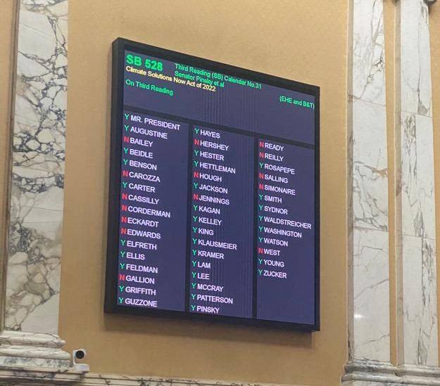 MDSenate's tweet photo. With 32 votes in the affirmative, the Climate Solutions Act of 2022 has passed the Senate and is one step closer to final passage. https://t.co/a6FNjJ9mQT