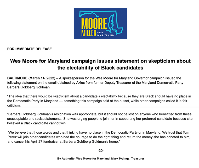 This campaign said at the outset that the sentiments unveiled by <a href="/axios/">Axios</a> have no place in the Democratic Party in #Maryland.