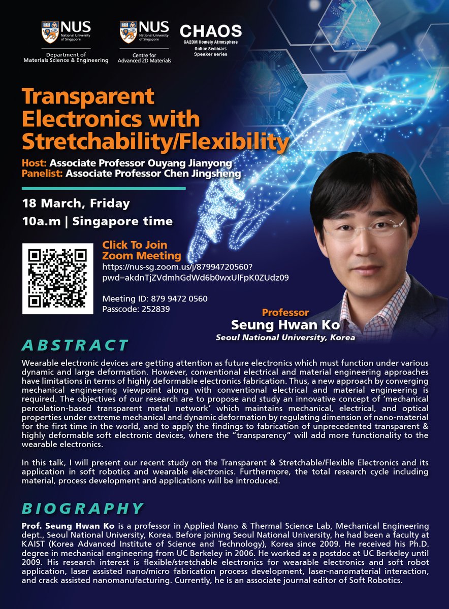 nusca2dm's tweet photo. Join us on Friday, 18 March 2022, for another webinar jointly organised by CA2DM’s CHAOS (CA2DM Homely Atmosphere Online Seminar) and MSE’s Materials for the Future Zoom Seminar series.
Please click here https://t.co/yLKV9V6kDB to join. https://t.co/NeCu8977iZ