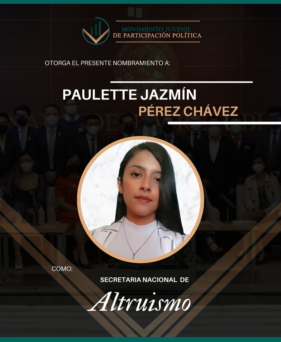 MJPPMX's tweet photo. 📣 Continuamos trabajando y persistiendo, por eso cada día tenemos más jóvenes comprometidos en nuestro Movimiento Juvenil de Participación Política.
En #MJPP nos congratulamos en presentar a nuestra Secretaria Nacional de Altruismo.
Paulette Jazmín Pérez Chávez https://t.co/Hkl9miXMmW