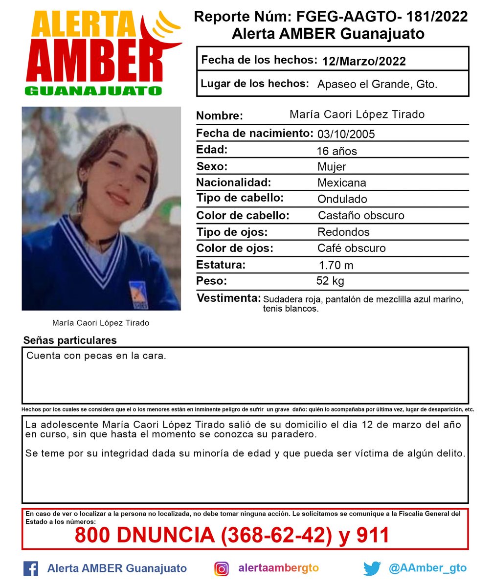 AAMBER_gto's tweet photo. Activación de la Alerta AMBER Guanajuato de la adolescente María Caori López Tirado de 16 años de edad, Apaseo el Grande, Gto.¡Ayúdanos a localizarla! https://t.co/qLEThZDetp