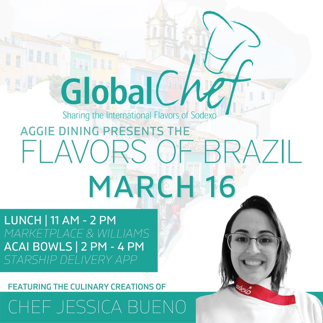 ncatdining's tweet photo. Join us on March 16 to experience the international flavors of Brazil! We’re featuring #GlobalChef Jessica Bueno during lunch at Williams & Marketplace. Leave room for dessert - our Brazilian Açaí sorbet bowls are rolling exclusively via @starshiprobots! #NCAT #sodexo #AggiePride https://t.co/jQ3JatmEMn