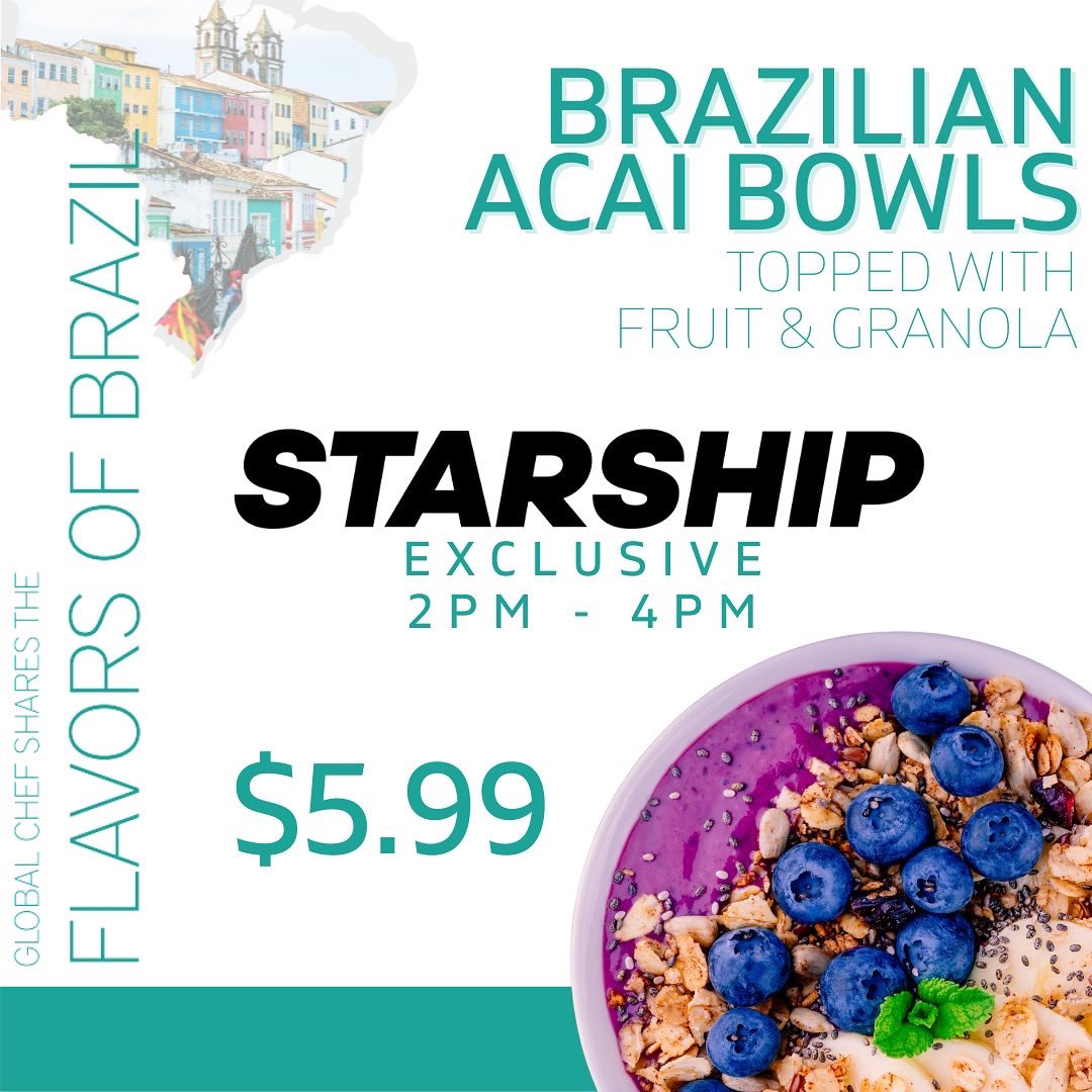 ncatdining's tweet photo. Join us on March 16 to experience the international flavors of Brazil! We’re featuring #GlobalChef Jessica Bueno during lunch at Williams & Marketplace. Leave room for dessert - our Brazilian Açaí sorbet bowls are rolling exclusively via @starshiprobots! #NCAT #sodexo #AggiePride https://t.co/jQ3JatmEMn
