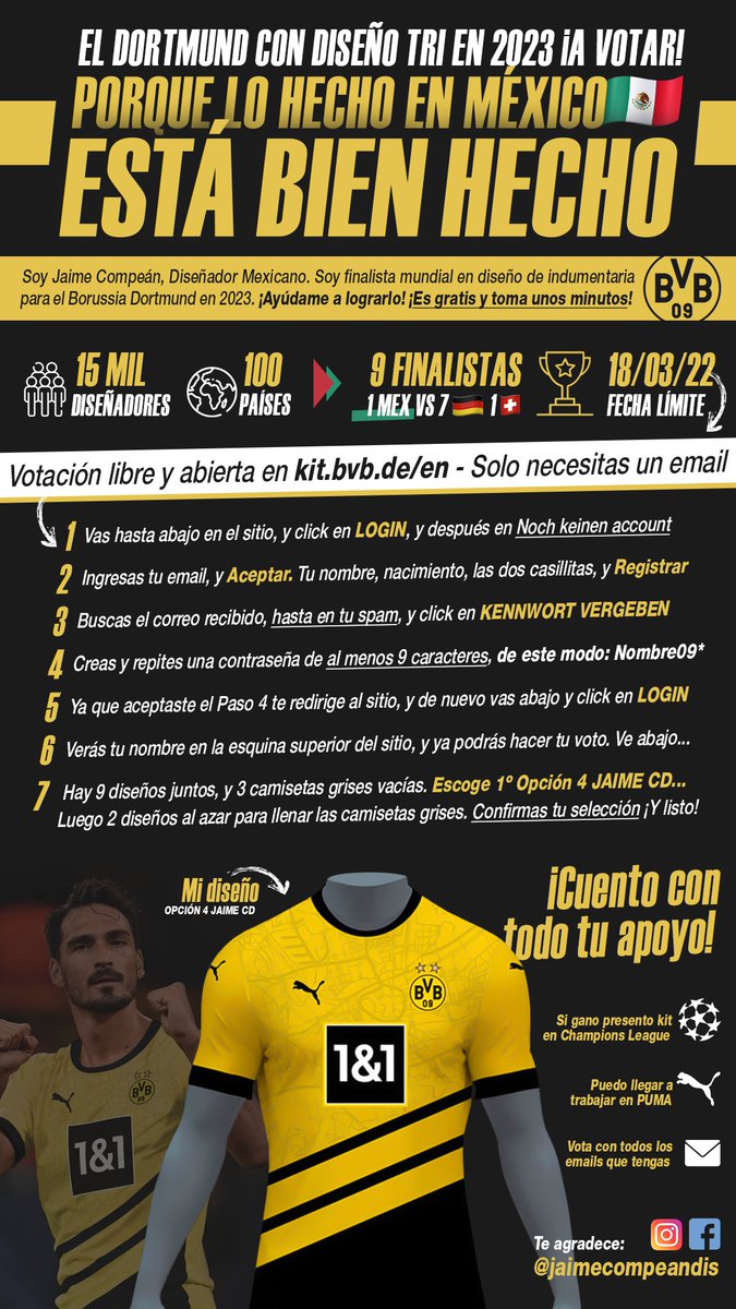 JaimeCompean's tweet photo. Porque lo hecho en #Mexico está bien hecho. Ayúdame a que el @BlackYellow juegue con Diseño Mexicano en 2023. Vota en https://t.co/QPtSPuSGkm por la Opción 4 (JAIME CD) 🇲🇽🟡⚫️🐝
#designdattding
#designthekit
#BorussiaDortmund
@matshummels
@erling
@woodyinho https://t.co/vkWDVTuPmq