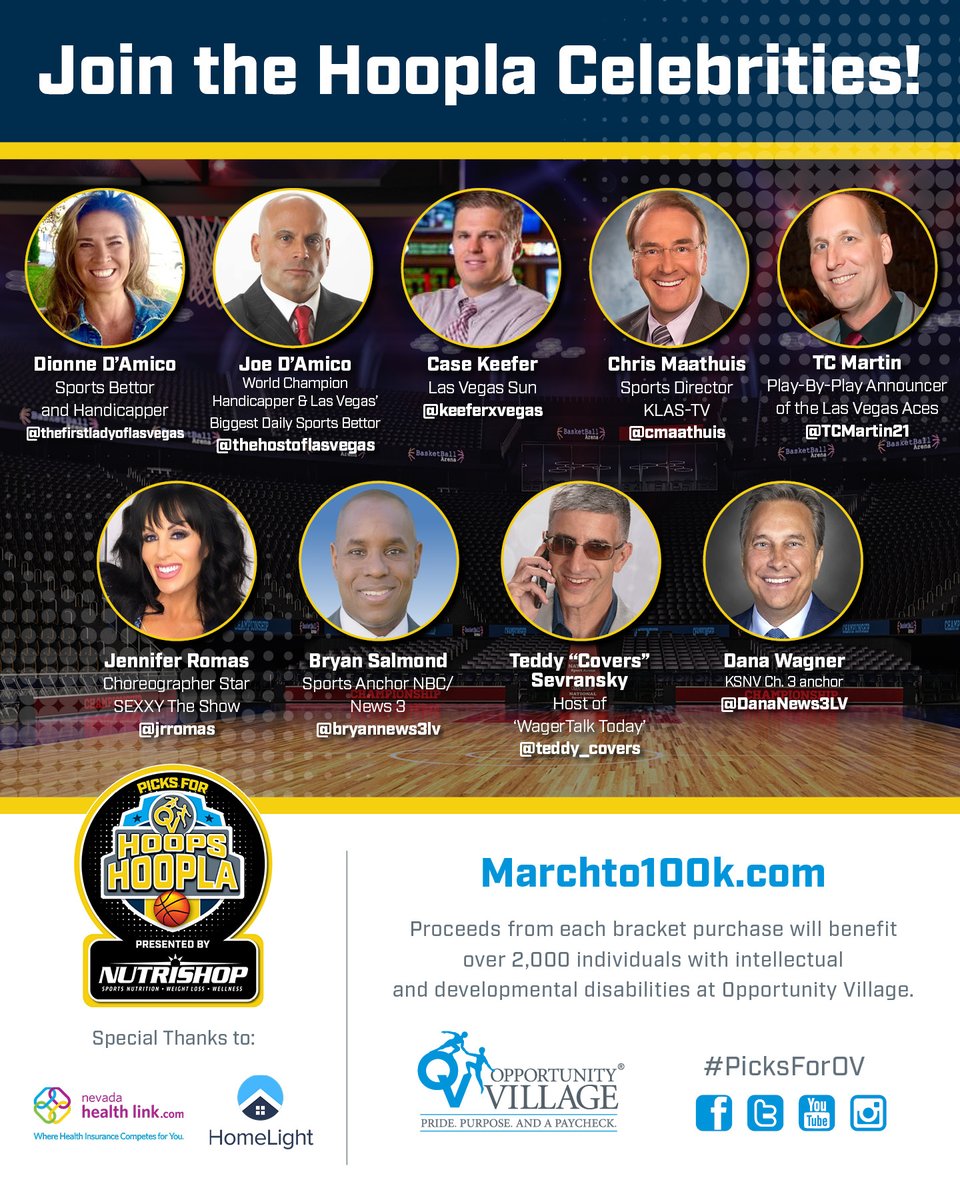 OppVillageLV's tweet photo. Brackets are now OPEN! There's still time to compete with #vegaslocal celebrities! Join today at https://t.co/Seu1TSk2cx & have fun rooting for your favorite #MarchMadness team while helping people with disabilities at Opportunity Village. #PicksForOV #LasVegas #CollegeBasketball https://t.co/ttffw6arNw