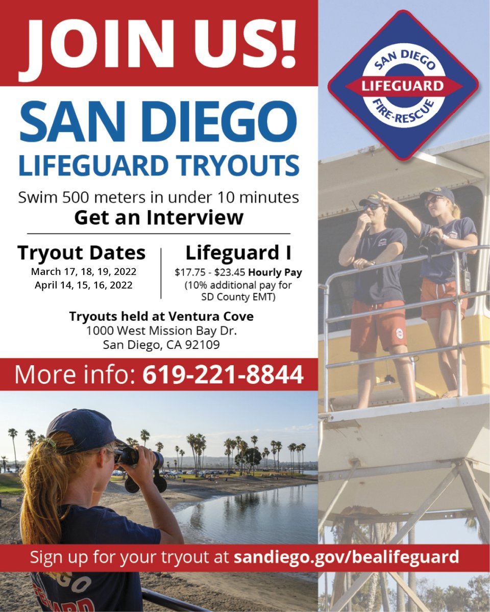 SDFD's tweet photo. .@SDLifeguards is still recruiting lifeguard I positions for summer 2022! Apply by March 21 online at https://t.co/YLsvqXdReS
Swim tryouts are scheduled for March & April at Ventura Cove, 1000 W. Mission Bay Drive. Join us!
#lifeguard #sandiego #career #joinSDFD https://t.co/TxTlpqaygB
