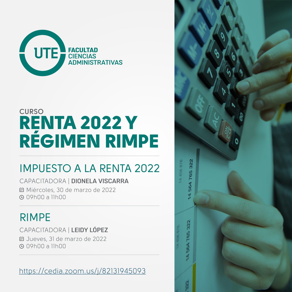 UTEoficial's tweet photo. #UTEinforma I 𝗗𝗢𝗖𝗘𝗡𝗧𝗘 𝗨𝗧𝗘
¿Quieres saber sobre el Impuesto a la Renta y el Régimen RIMPE❔

🟢Del 30 al 31 de marzo la Facultad de Ciencias Administrativas organiza un curso sobre estos temas. 

📍Regístrate: https://t.co/dFuOSxRLp2
📌Zoom: https://t.co/5cdpWfEtCc https://t.co/HtKgrPzK9R