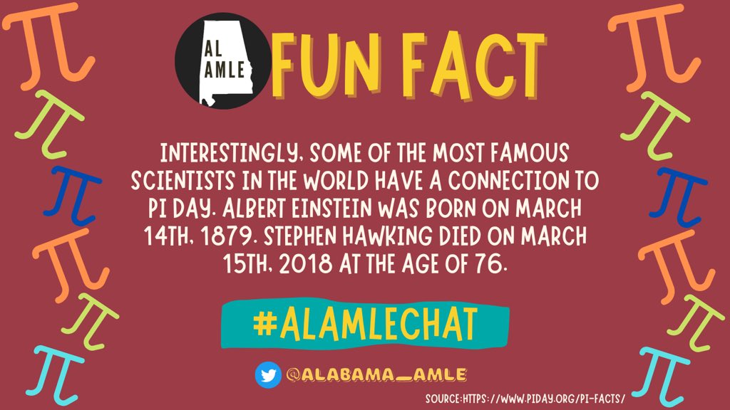 alabama_amle's tweet image. Fun Fact #6 — Today, #PiDay, would have been Albert Einstein’s 143rd birthday!

#ALAMLEchat #ALAMLE