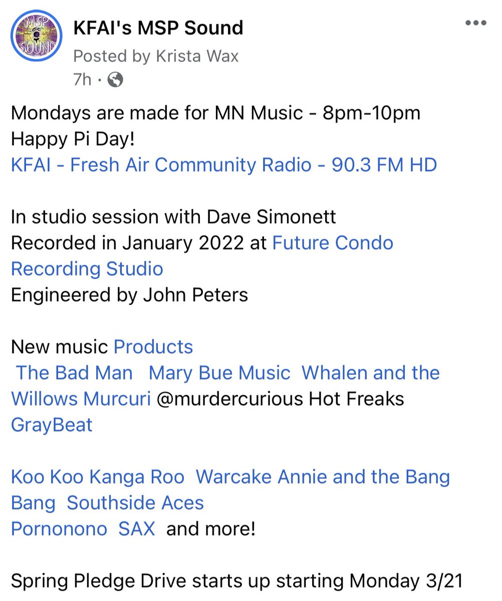mspsoundkfai's tweet photo. Mondays are made for MN Music - 8pm-10pm @kfaiFMradio 

In studio session with Dave Simonett 
Recorded in 1/22 Future Condo Studio Engineered by John Peters

New music Products  
 The Bad Man   Mary Bue Music  Whalen and the Willows Murcuri @murdercurious Hot Freaks GrayBeat https://t.co/ci4QzIOjQJ