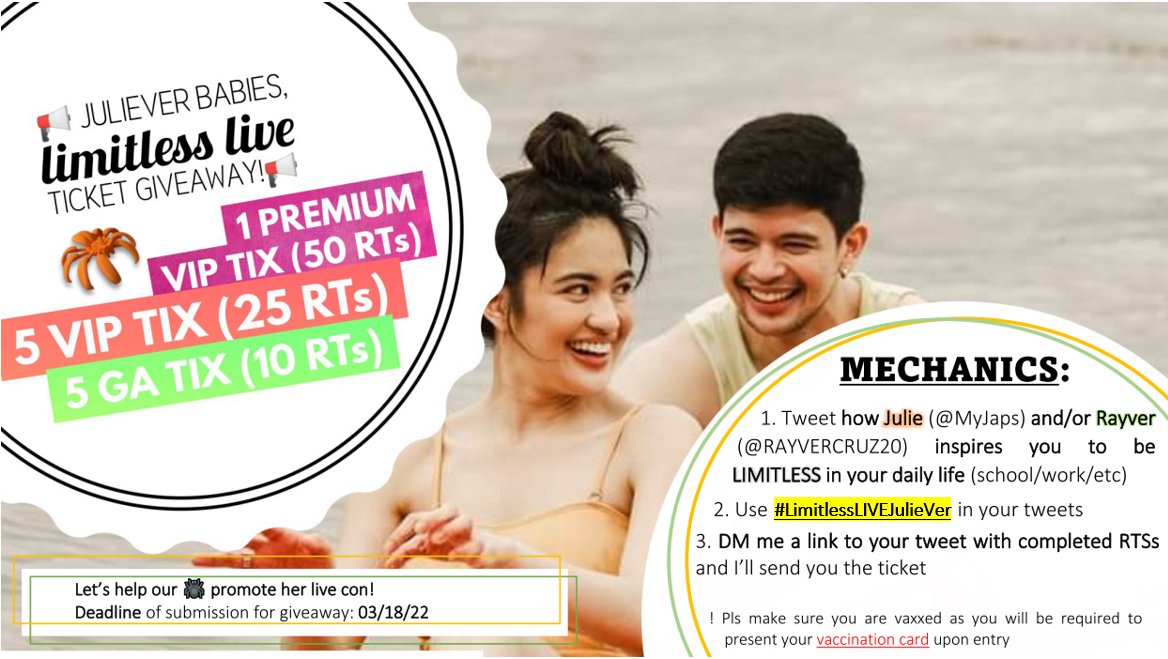 bebebebs_angel's tweet photo. 📢#JulieVer babies! LIMITLESS LIVE TICKET GIVEAWAY📢

I'll be giving away:
1 PREMIUM TICKET 
5 VIP TIX
5 GA TIX

See the image for the mechanics 🧡💚
 
Let's help promote spidey's live con!
Looking forward to your tweets!

@MyJaps | @RAYVERCRUZ20
#JulieAnneSanJose | #RayverCruz https://t.co/OFUM4yqc6y