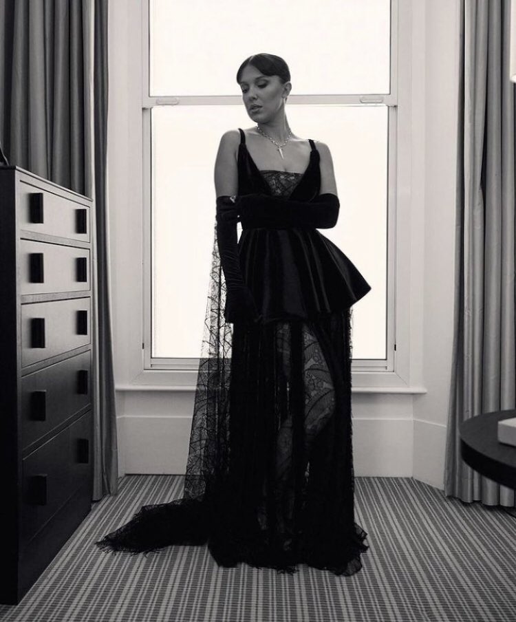 Millie Bobby Brown's Black Lace-Trimmed Louis Vuitton Dress