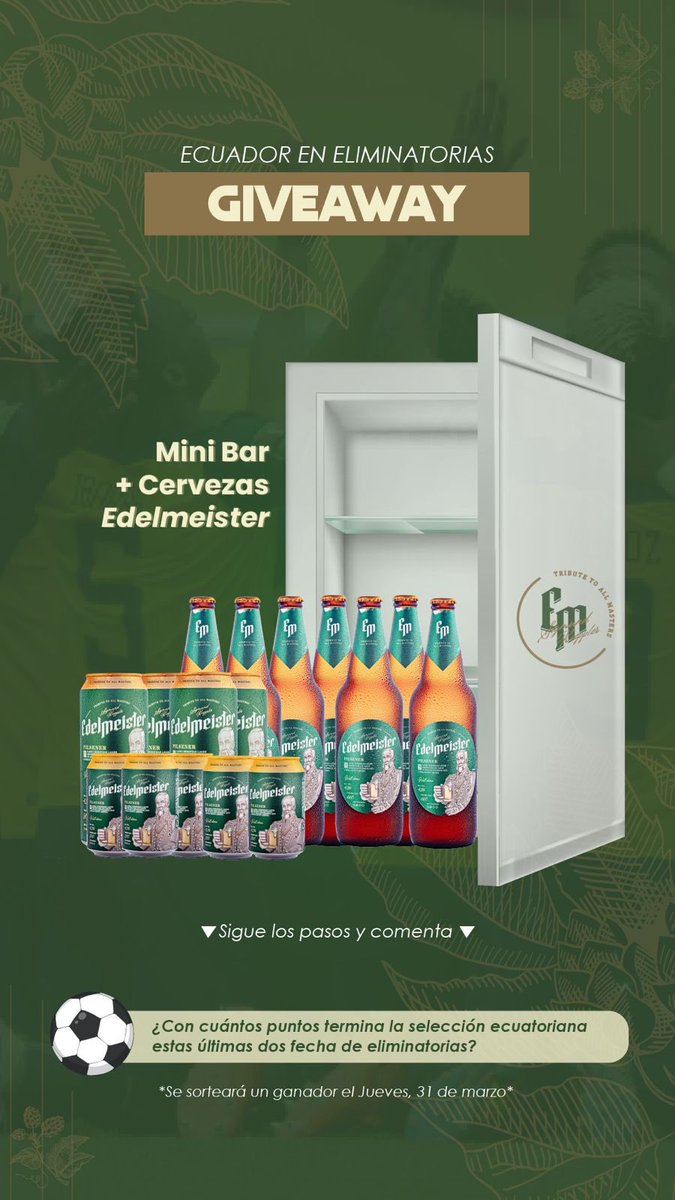 Evpuente28's tweet photo. Para celebrar la clasificación de 🇪🇨 a un nuevo mundial los invito a que participen 😉 #Edelmeister 🍻
https://t.co/pwudzKNeeM https://t.co/hM4m5Mm49L