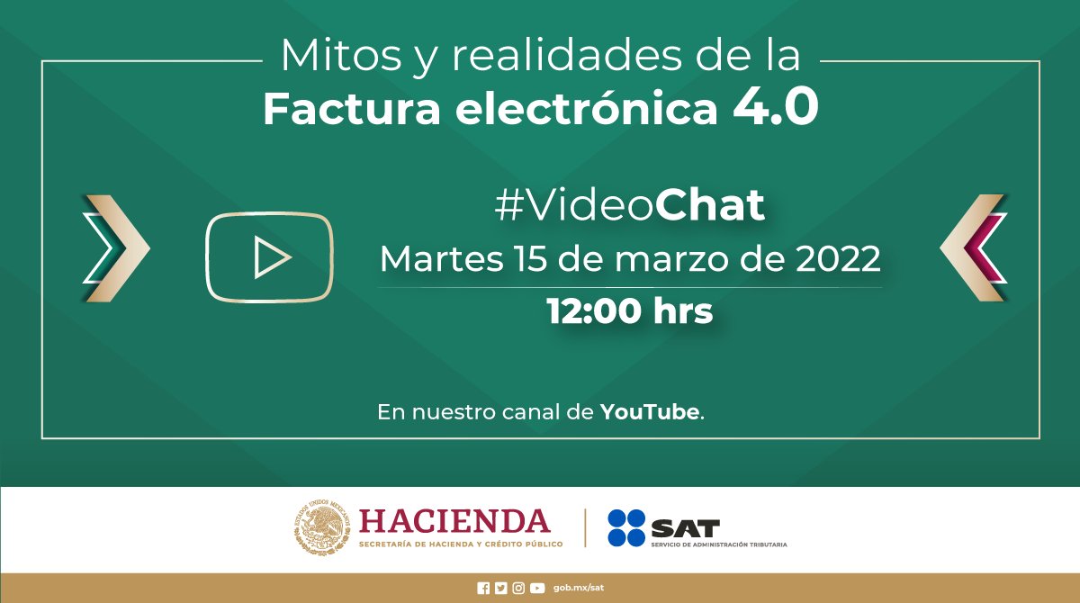 SATMX's tweet photo. No te pierdas mañana la transmisión en vivo en nuestro canal de YouTube sobre “Mitos y realidades de la Factura electrónica 4.0” a las 12:00 horas. 

Ingresa aquí para verla: https://t.co/M3Y1Yhoz8R https://t.co/W9uYBMhVgp