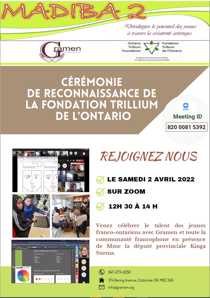 GramenAction's tweet photo. MADIBA 2 invite toute la communauté, amis, parents et jeunes franco-ontariens à la cérémonie de reconnaissance de la Fondation Trillium de l'Ontario qui aura lieu le samedi 2 avril 2022 sur Zoom de 12h30 à 14h.
https://t.co/P7mqE1LHrq

@ONTrillium 
@ONgouv 
@MonAssemblee https://t.co/27Xf0XjjJC