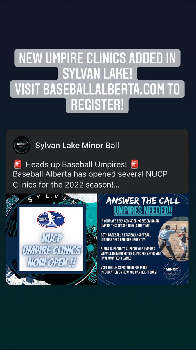 Heads up Baseball Umpires! 🚨 

Baseball Alberta has opened several NUCP Clinics for the 2022 season! ⚾️ 

➡️ Baseballalberta.com to register!