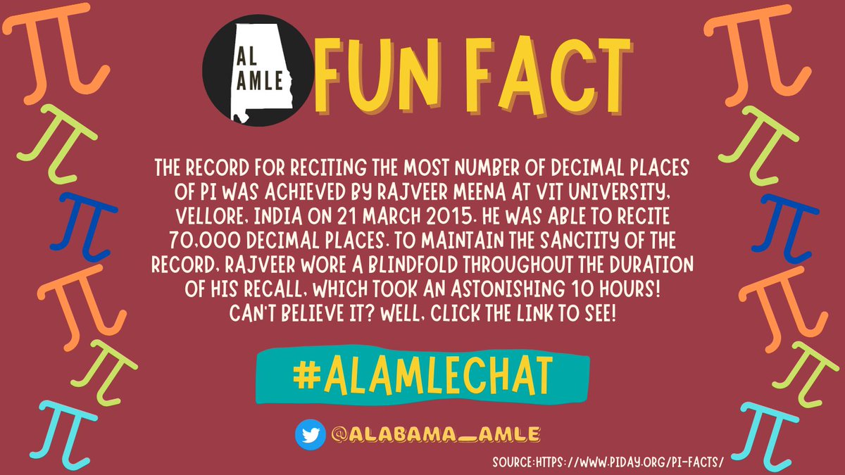 alabama_amle's tweet image. Fun Fact #8: 70,000 decimal places have been recited in Pi! @GWR has the proof — guinnessworldrecords.com/world-records/…

&amp;amp; here 

#ALAMLEchat #ALAMLE