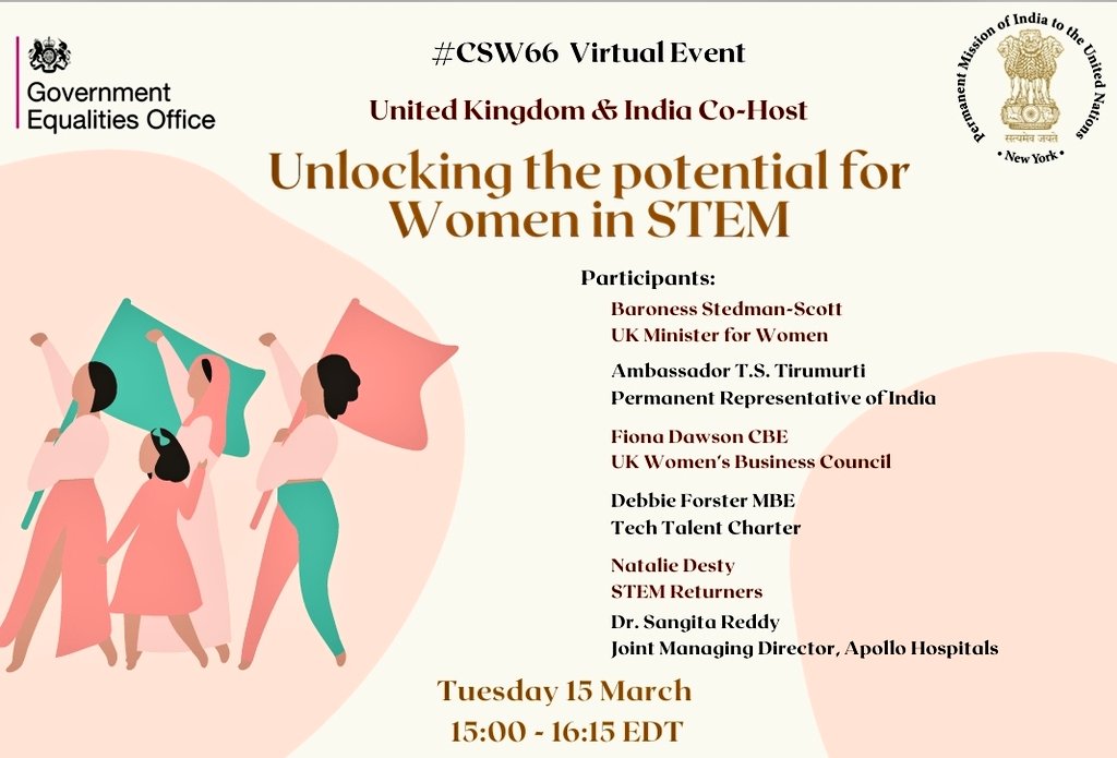 IndiaUNNewYork's tweet photo. #IndiaAtUN

United Kingdom and India co-host #CSW66 side event

Theme: Unlocking the potential of Women in STEM

📅: 15 March
🕰️: 1500 hrs EDT 

Register: https://t.co/GzIBS4gSrn 

@UKUN_NewYork @MEAIndia @smritiirani @MinistryWCD @UN_Women @unwomenindia https://t.co/AFLYLi4YXo