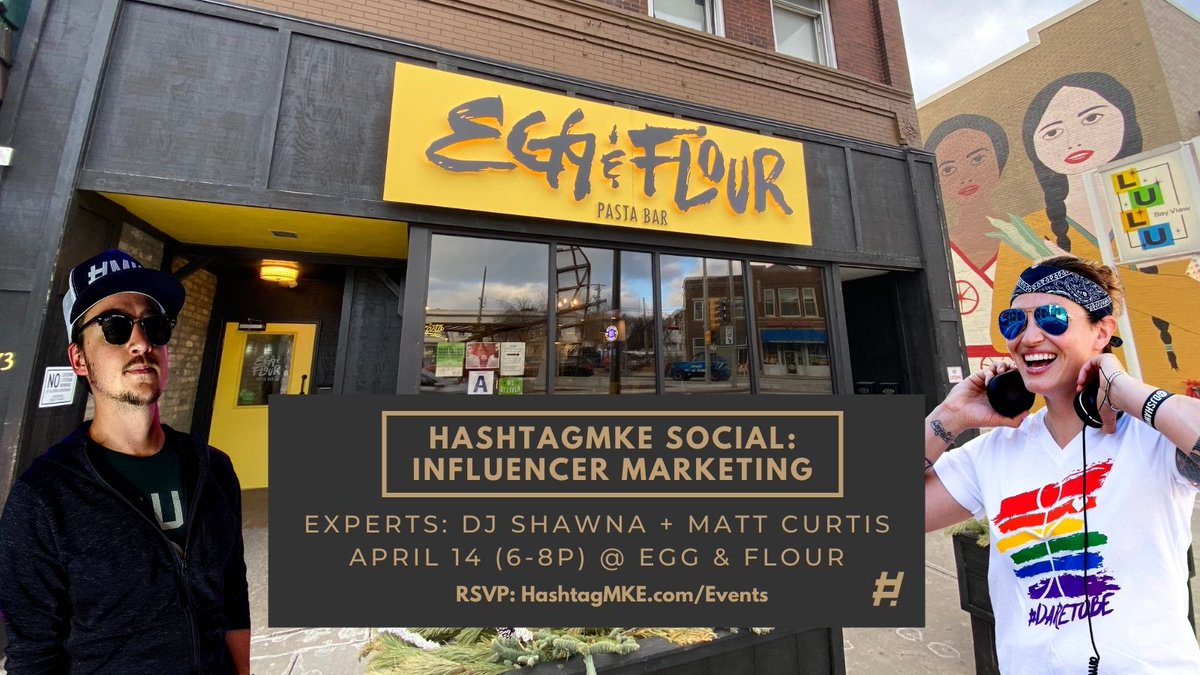 HashtagMKE's tweet photo. It's time to invite local experts back to our #HashtagMKE Socials!

Our most popular topic in 2019 was Influencer Marketing, so that's what we're starting with!

Join @DJShawna of the @Bucks + @CourtesyOfMatt of @HoffmanYork at Egg &amp; Flour on 4/14!

RSVP: https://t.co/jOiMwx86nZ https://t.co/j0Mvub3Chf