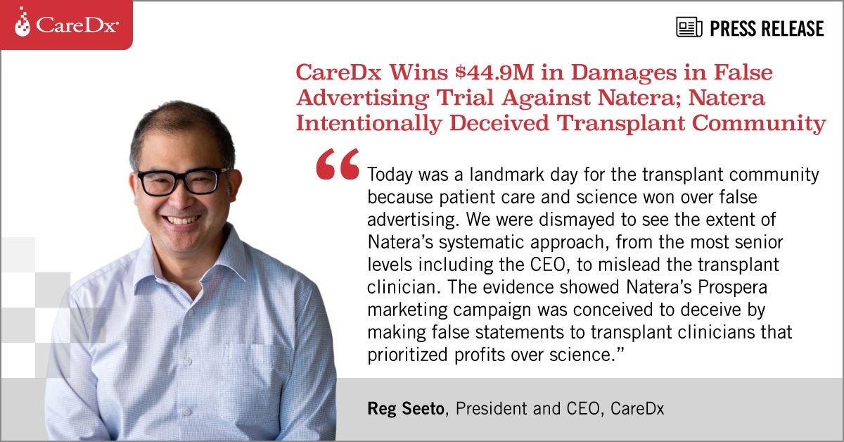 CareDx Wins $44.9M in Damages in False Advertising Trial Against Natera; Natera Intentionally Deceived Transplant Community - read more: bit.ly/3MQei2P