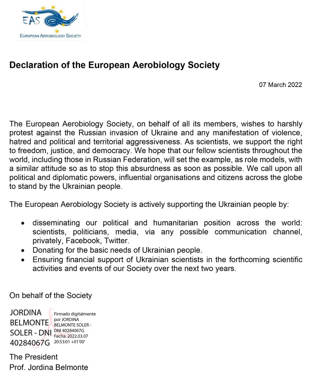 Thanos Damialis (@tdamialis) on Twitter photo Declaration of the European Aerobiology Society
#russiaukrainewar #peace #peaceinukraine <a href="/vrodinkova/">Victoria Rodinkova</a> #CloseTheSky <a href="/biometeorology/">Int. Soc. of Biomet.</a> <a href="/eaaci_hq/">EAACI</a> <a href="/allergyeaaci/">Allergy EAACI</a> <a href="/Auth_University/">Aristotle University of Thessaloniki</a> #UnitedNations #UnitedWithUkraine #UkraineUnderAttack Declaration of the European Aerobiology Society
#russiaukrainewar #peace #peaceinukraine <a href="/vrodinkova/">Victoria Rodinkova</a> #CloseTheSky <a href="/biometeorology/">Int. Soc. of Biomet.</a> <a href="/eaaci_hq/">EAACI</a> <a href="/allergyeaaci/">Allergy EAACI</a> <a href="/Auth_University/">Aristotle University of Thessaloniki</a> #UnitedNations #UnitedWithUkraine #UkraineUnderAttack
