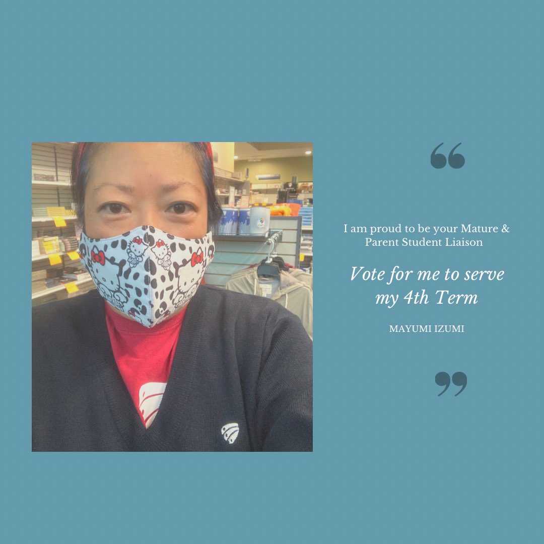 MayumiIzumi1's tweet photo. I proudly serve #CapU students as the Mature & Parent Students Liaison since November 2019–Vote for me, Mayumi for my 4th term‼️#matureandparentstudentsliaison #4thterm #studentleader https://t.co/Zb5socUh3Y