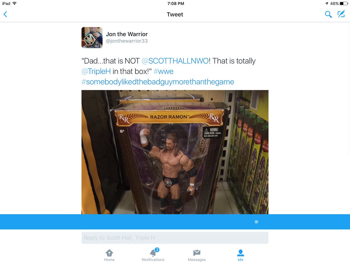 OzPonders's tweet photo. When my son was younger, I made a silly account to keep up w/ funny crap he'd say about wrestling. One day at Target, we saw a @TripleH figure in a Scott Hall package. The boy said something funny that got turned into the 1st picture. Then the 2nd picture happened. #RIPScottHall https://t.co/cozHP6hVT7