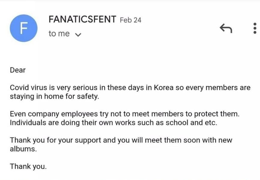 🚨| 140322 | Atualização da FENT sobre a situação do FANATICS🍒

"caro,
O vírus Covid é muito sério nos dias de hoje na Coréia, todos os membros ficaram em casa por segurança.

(+)

#DOAH #KIMDOAH #도아 #김도아 #キムドア #FANATICS #파나틱스