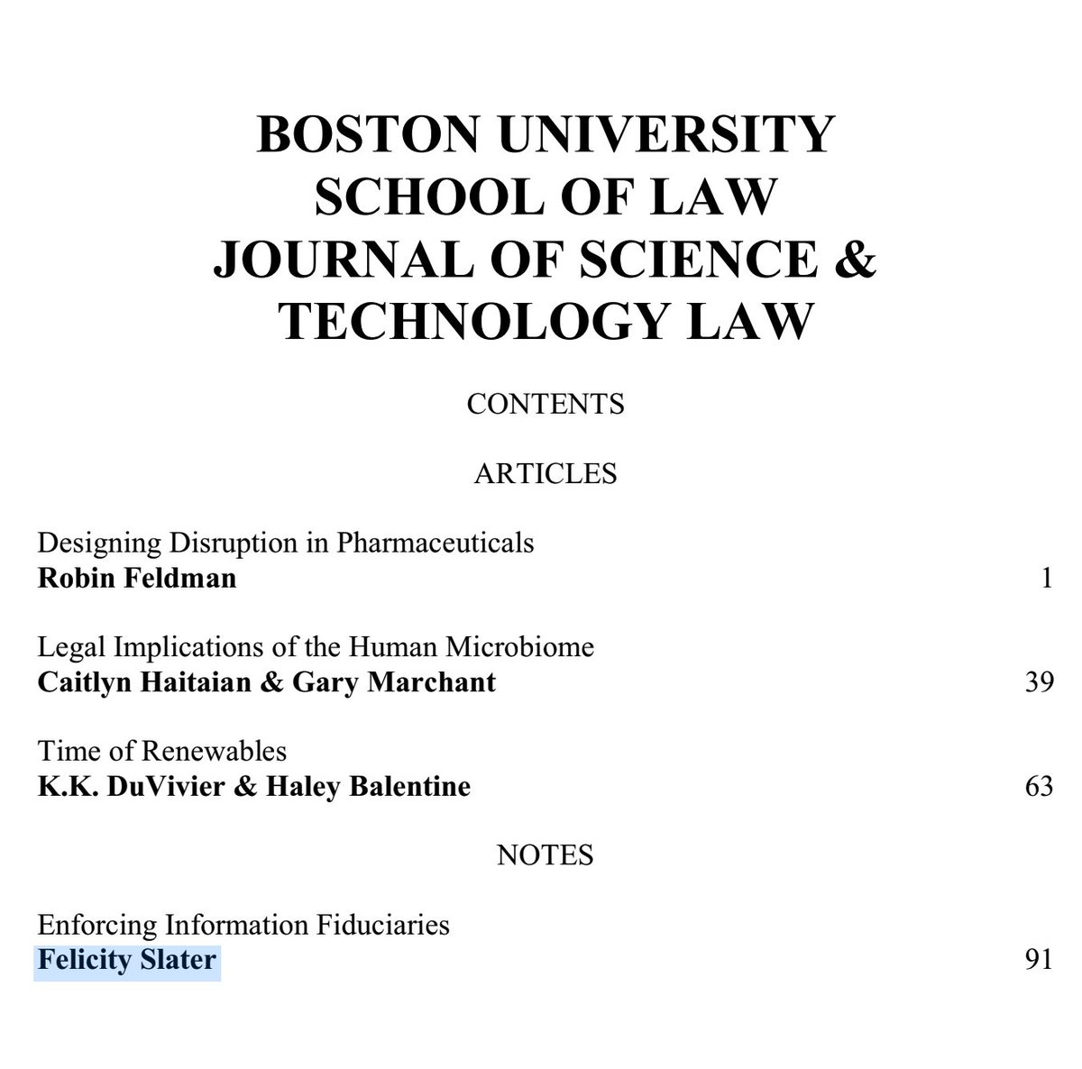 Check out our newest issue—28.1!
bu.edu/jostl/current-…

With Articles by:
• ROBIN FELDMAN (<a href="/ProfRobnFeldman/">Professor Robin Feldman</a>)

• CAITLYN HAITAIAN (@CHaitaian) &amp; GARY MARCHANT (@GaryMarchant1)

• K.K. DuVIVIER &amp; HALEY BALENTINE

and a Note by:
• FELICITY SLATER (<a href="/Slaterfe/">Felicity Slater</a>)