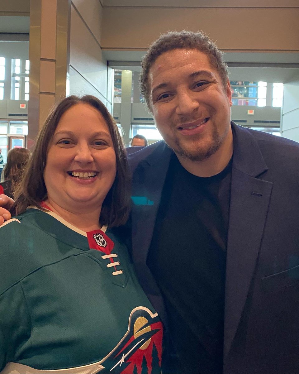dahlgren_sue's tweet photo. So happy to be able to go to #9 Mikko Koivu jersey retirement last night. Pretty special. Got a surprise; meeting @Cstew_7 on the way into the game. He and his wife we so nice! #mnwild #StateOfHockey #9forAllTime https://t.co/qpO2Vv8lCB
