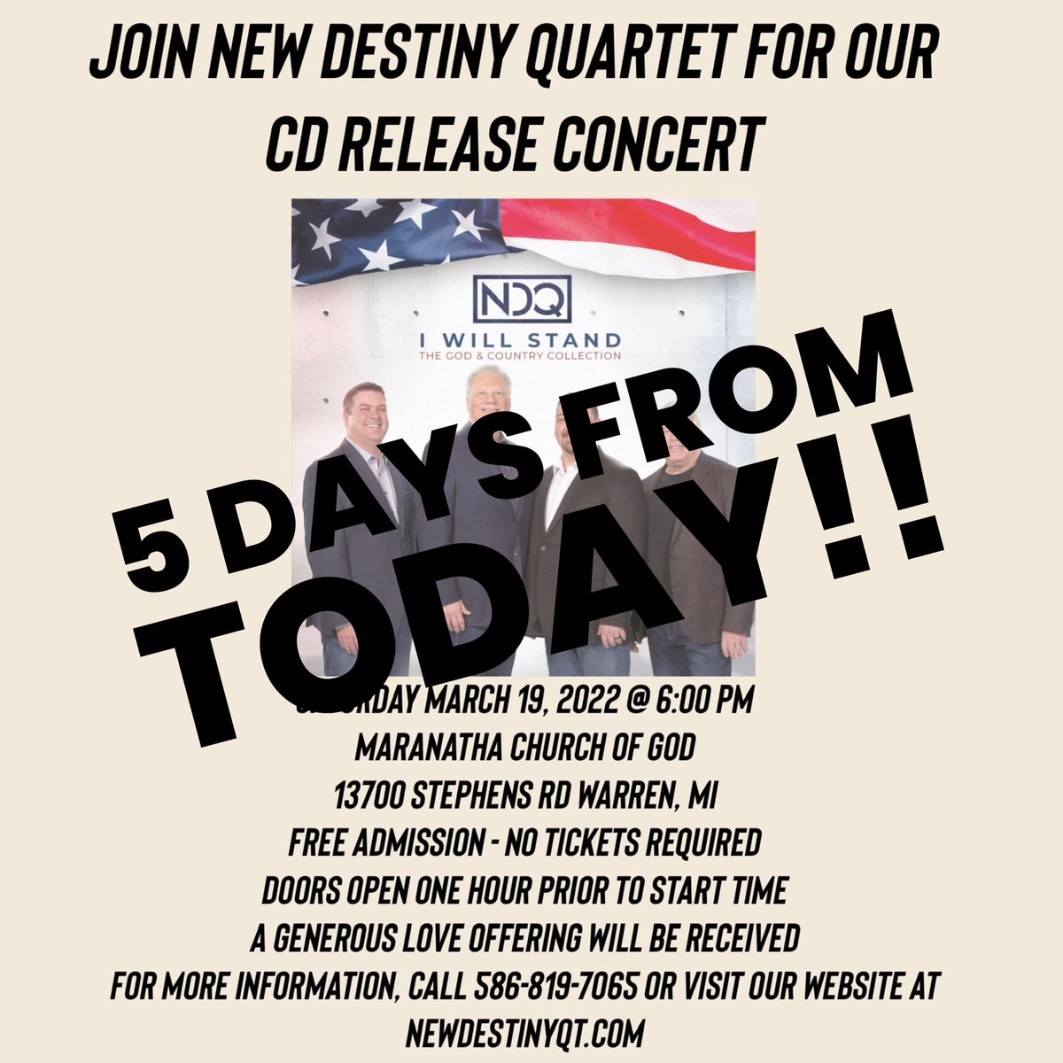 NewDestinyQt's tweet photo. Our #CDReleaseConcert is only 5 DAYS AWAY! Make plans to join us Saturday Night at Maranatha Church of God in Warren. https://t.co/bUeDBmxzJ9