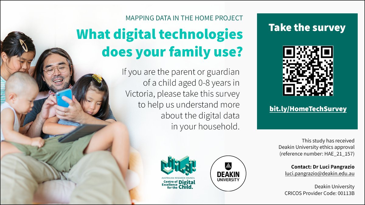 Our 'Mapping data in the home' project led by @lucipangrazio is looking for parents/guardians of children aged 0-8 years in Victoria to participate in a survey to help us understand more about digital data in households. Find more info and the survey here: bit.ly/HomeTechSurvey