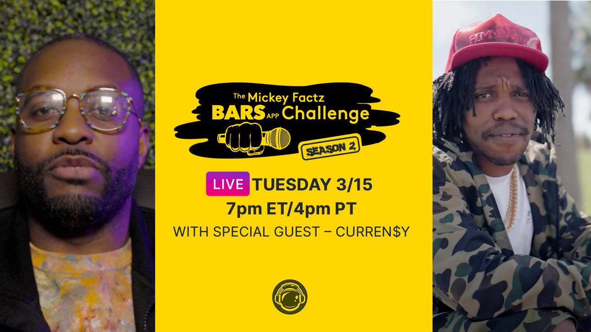 spacemanwmedia's tweet photo. We are back tomorrow night, Tuesday 3/8 at 7pm ET/4pm PT on IG Live for Week 2 of the #MickeyFactzBARSAppChallenge! Join @MickeyFactz, 16 new MCs and the one and only @CurrenSy_Spitta. You will not want to miss this one! https://t.co/Fw9xu68QF0 https://t.co/AzWKHD3ZmI